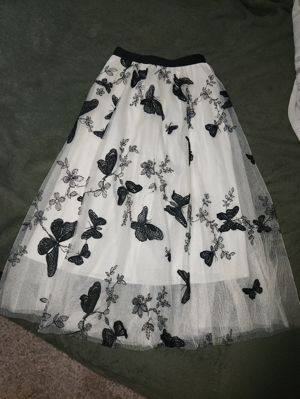 Black & White Butterfly Embroidered Tulle Midi Skirt